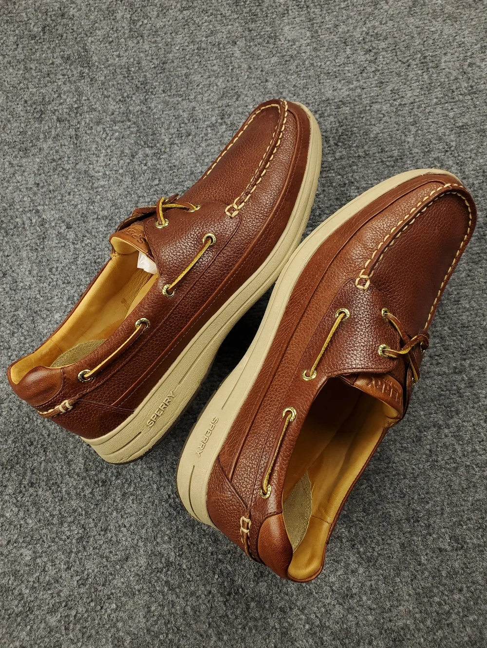 Sperry Gold Cup Boat Shoes Mens 13 Ultralite 2 Eye Cognac Brown Pebbled Leather